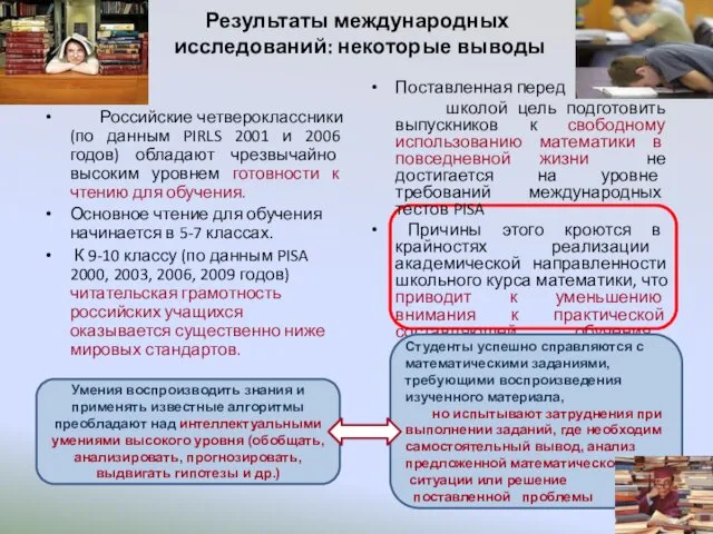 Результаты международных исследований: некоторые выводы Поставленная перед школой цель подготовить