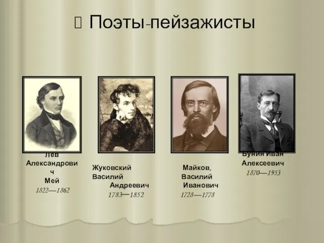 Поэты-пейзажисты Жуковский Василий Андреевич 1783—1852 Лев Александрович Мей 1822—1862 Майков,