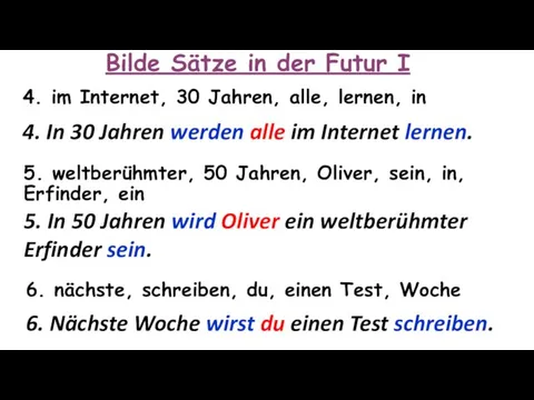 Bilde Sätze in der Futur I 4. im Internet, 30 Jahren, alle, lernen,