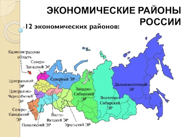 ЭКОНОМИЧЕСКИЕ РАЙОНЫ РОССИИ 12 экономических районов: