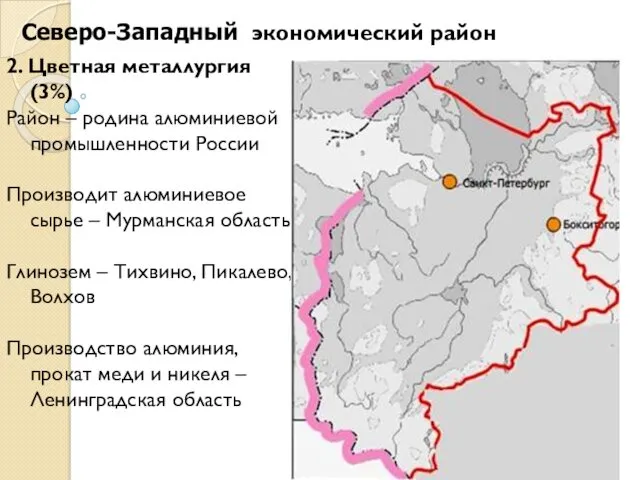 2. Цветная металлургия (3%) Район – родина алюминиевой промышленности России