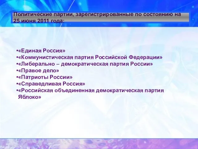 Политические партии, зарегистрированные по состоянию на 25 июня 2011 года: