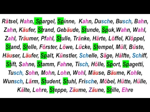 Rätsel, Hahn, Spargel, Spinne, Kahn, Dusche, Busch, Bahn, Zahn, Käufer,