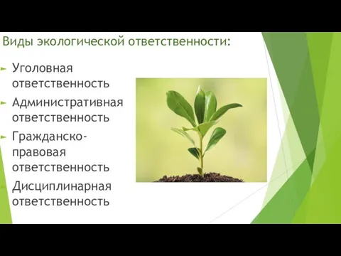 Виды экологической ответственности: Уголовная ответственность Административная ответственность Гражданско-правовая ответственность Дисциплинарная ответственность