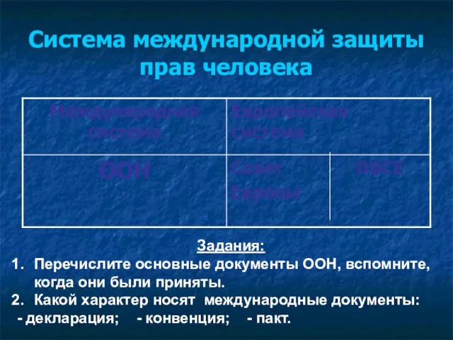 Система международной защиты прав человека Задания: Перечислите основные документы ООН, вспомните, когда они