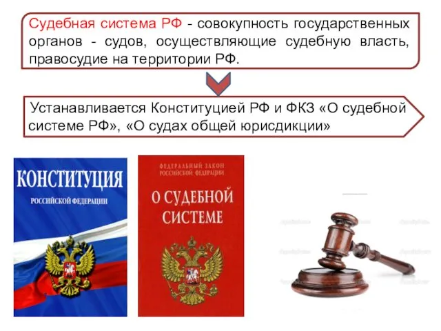 Судебная система РФ - совокупность государственных органов - судов, осуществляющие судебную власть, правосудие