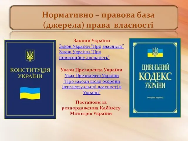 Нормативно – правова база (джерела) права власності Закони України Закон України “Про власність”