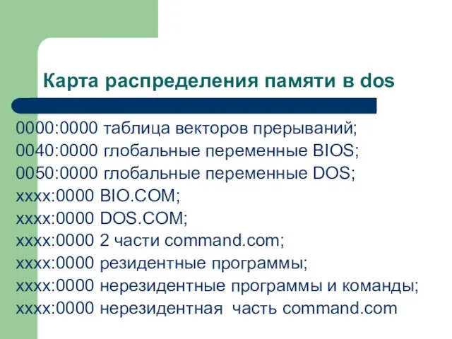 Карта распределения памяти в dos 0000:0000 таблица векторов прерываний; 0040:0000