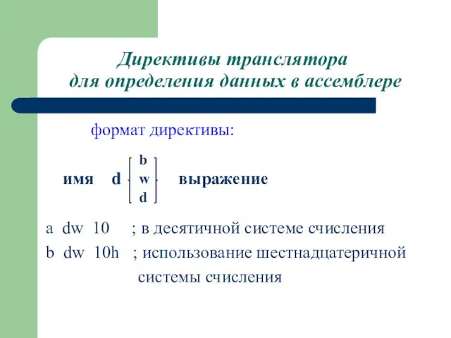 Директивы транслятора для определения данных в ассемблере формат директивы: имя