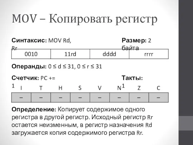 MOV – Копировать регистр Определение: Копирует содержимое одного регистра в