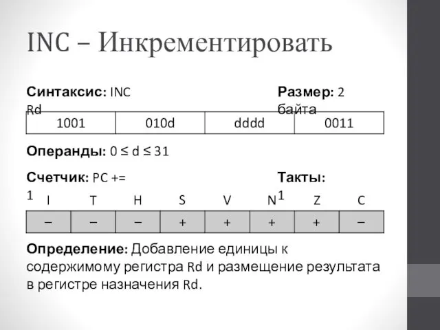 INC – Инкрементировать Определение: Добавление единицы к содержимому регистра Rd
