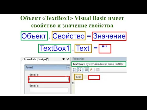 TextBox1 . Text = "" Объект «TextBox1» Visual Basic имеет