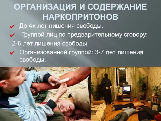 ОРГАНИЗАЦИЯ И СОДЕРЖАНИЕ НАРКОПРИТОНОВ До 4х лет лишения свободы. Группой