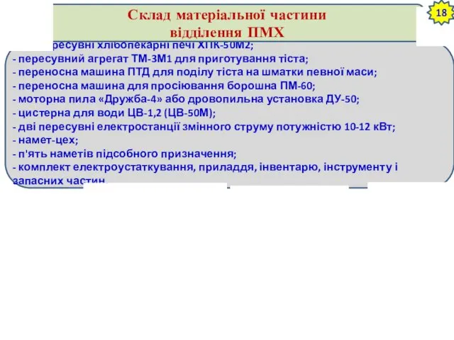 - дві пересувні хлібопекарні печі ХПК-50М2; - пересувний агрегат ТМ-3М1