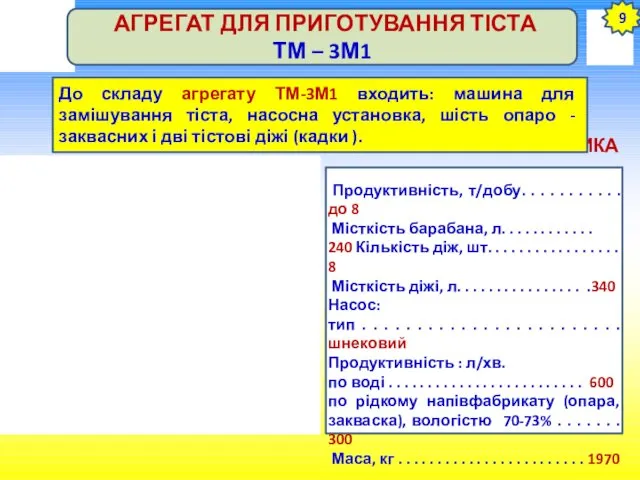 9 АГРЕГАТ ДЛЯ ПРИГОТУВАННЯ ТІСТА ТМ – 3М1 ТЕХНІЧНА ХАРАКТЕРИСТИКА