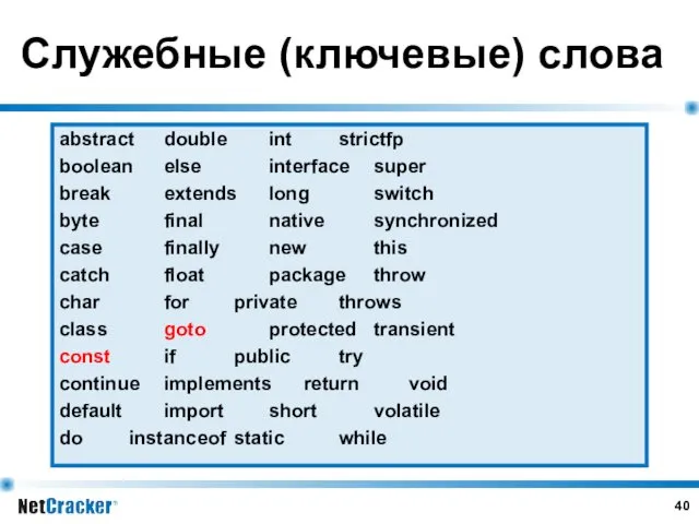 Служебные (ключевые) слова abstract double int strictfp boolean else interface