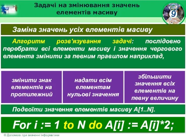 Задачі на змінювання значень елементів масиву Заміна значень усіх елементів