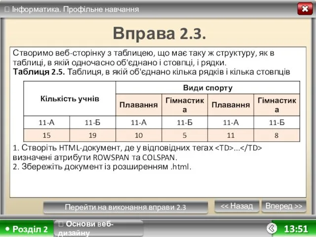 Вперед >> 13:51 Вправа 2.3. Створимо веб-сторінку з таблицею, що