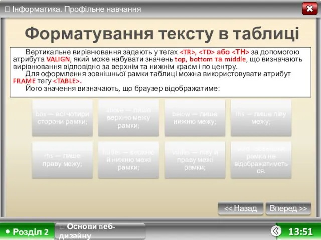 Вперед >> 13:51 Форматування тексту в таблиці Вертикальне вирівнювання задають