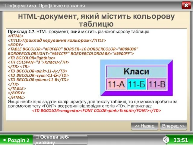 Вперед >> 13:51 HTML-документ, який містить кольорову таблицю Приклад 2.7.