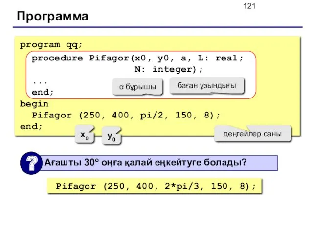 Программа program qq; procedure Pifagor(x0, y0, a, L: real; N: