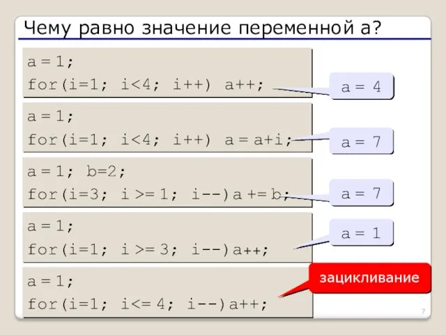 Чему равно значение переменной a? a = 1; for(i=1; i