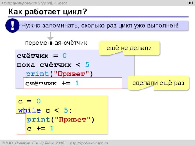 Как работает цикл? переменная-счётчик счётчик = 0 пока счётчик print("Привет")