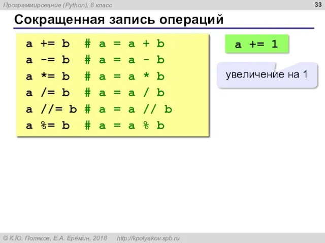 Сокращенная запись операций a += b # a = a