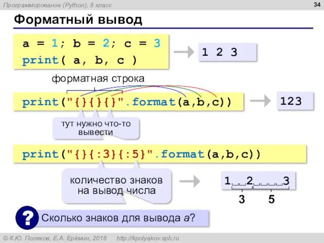 Форматный вывод a = 1; b = 2; c =