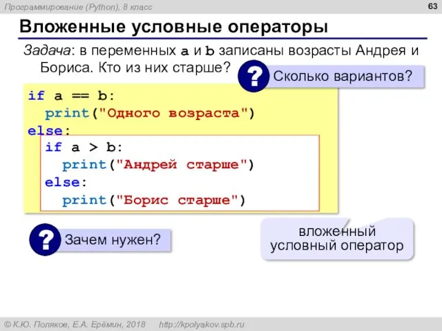 Вложенные условные операторы if a == b: print("Одного возраста") else: