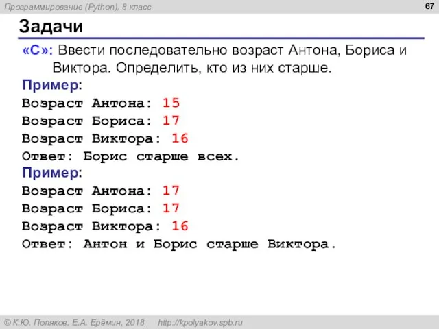 Задачи «C»: Ввести последовательно возраст Антона, Бориса и Виктора. Определить,