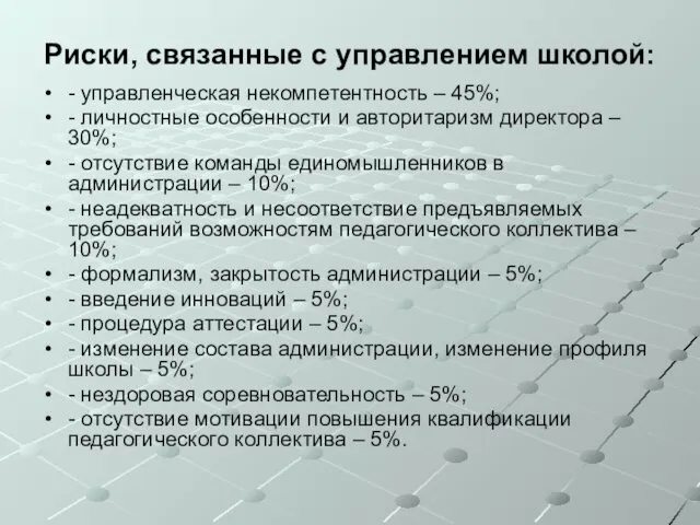 Риски, связанные с управлением школой: - управленческая некомпетентность – 45%;