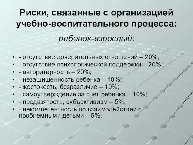 Риски, связанные с организацией учебно-воспитательного процесса: ребенок-взрослый: - отсутствие доверительных