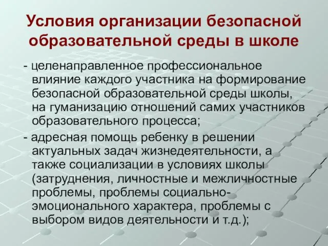 Условия организации безопасной образовательной среды в школе - целенаправленное профессиональное