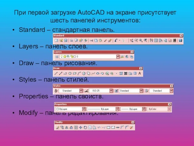 При первой загрузке AutoCAD на экране присутствует шесть панелей инструментов: