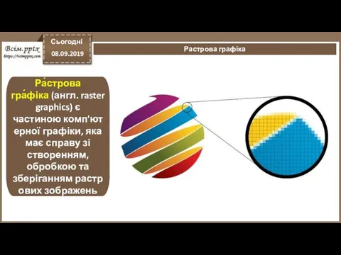 Сьогодні 08.09.2019 Растрова графіка Ра́строва гра́фіка (англ. raster graphics) є