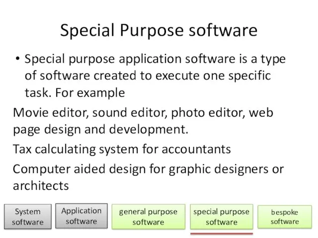 Special Purpose software Special purpose application software is a type