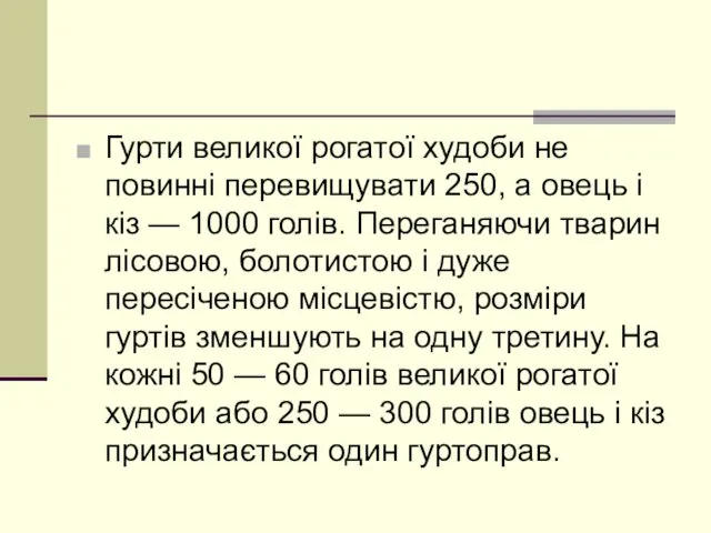 Гурти великої рогатої худоби не повинні перевищувати 250, а овець