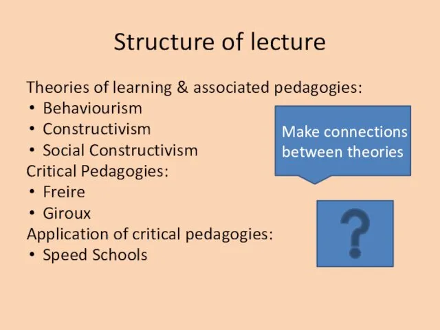 Structure of lecture Theories of learning & associated pedagogies: Behaviourism