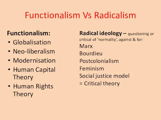 Functionalism Vs Radicalism Functionalism: Globalisation Neo-liberalism Modernisation Human Capital Theory