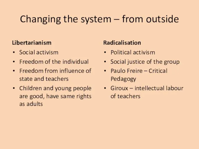 Changing the system – from outside Libertarianism Social activism Freedom