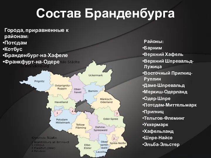 Состав Бранденбурга Районы: Барним Верхний Хафель Верхний Шпревальд-Лужица Восточный Пригниц-Руппин