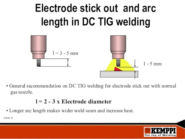 Electrode stick out and arc length in DC TIG welding General recommendation on
