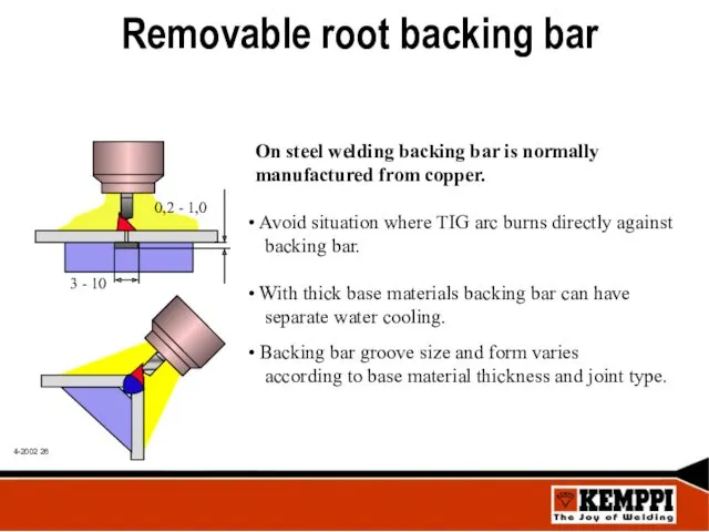Removable root backing bar On steel welding backing bar is normally manufactured from
