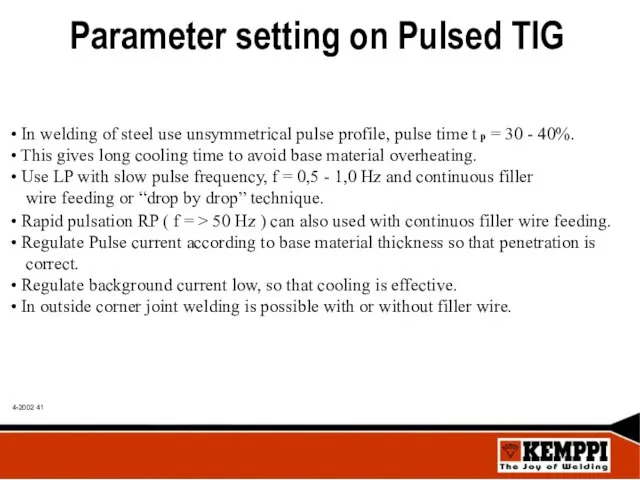 Parameter setting on Pulsed TIG In welding of steel use