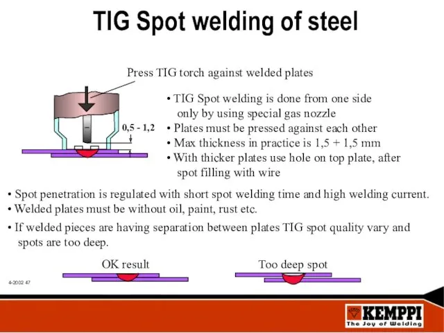 TIG Spot welding of steel Press TIG torch against welded plates TIG Spot