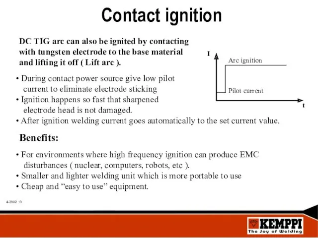 Contact ignition DC TIG arc can also be ignited by contacting with tungsten