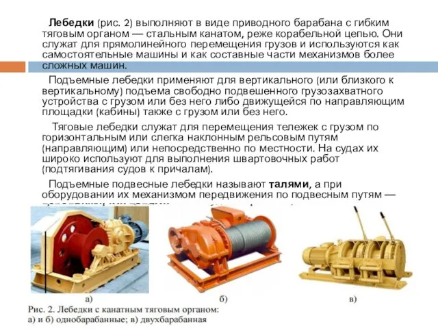 Лебедки (рис. 2) выполняют в виде приводного барабана с гибким