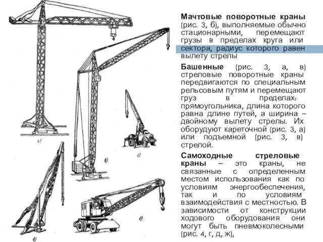 Мачтовые поворотные краны (рис. 3, б), выполняемые обычно стационарными, перемещают