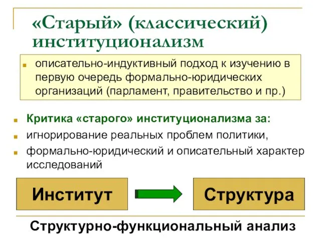 «Старый» (классический) институционализм описательно-индуктивный подход к изучению в первую очередь